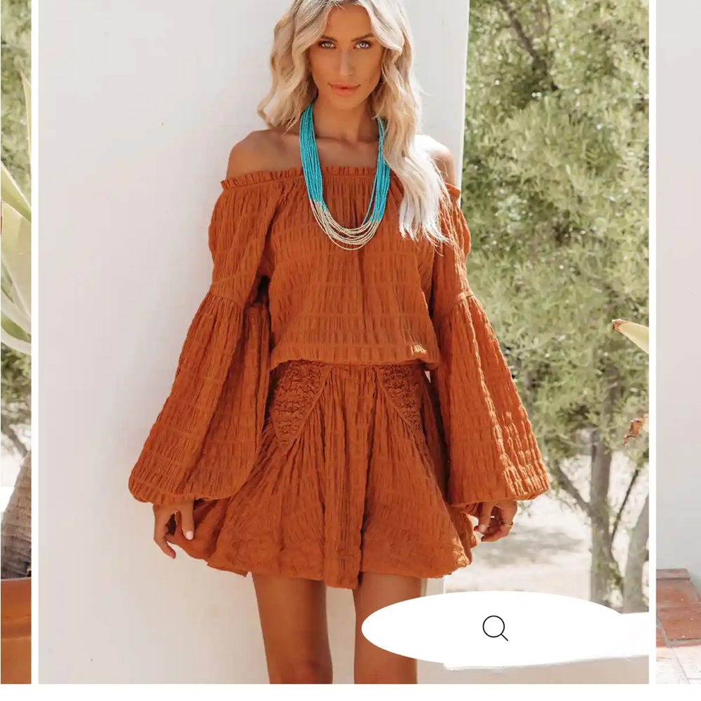 Vici Rust Orange Off-Shoulder Smocked Dress